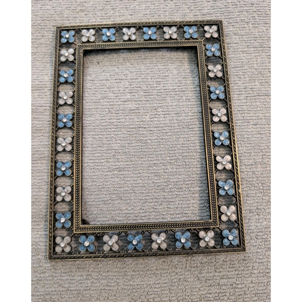 Ornate Metal Picture Frame Blue White Enamel Flowers Rhinestone Floral 5x7